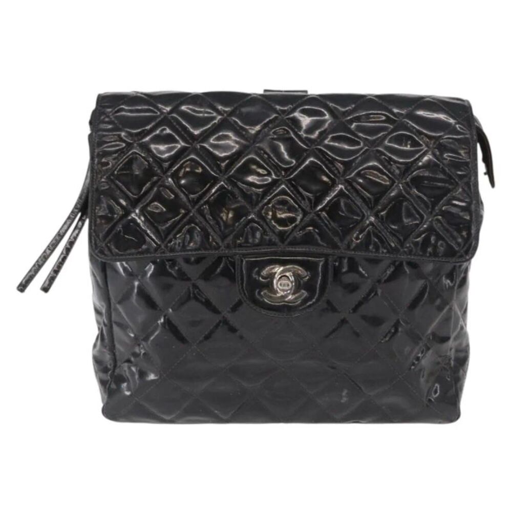 Chanel Vintage Square Flap Enamel Black Patent_Leather Backpack Bag